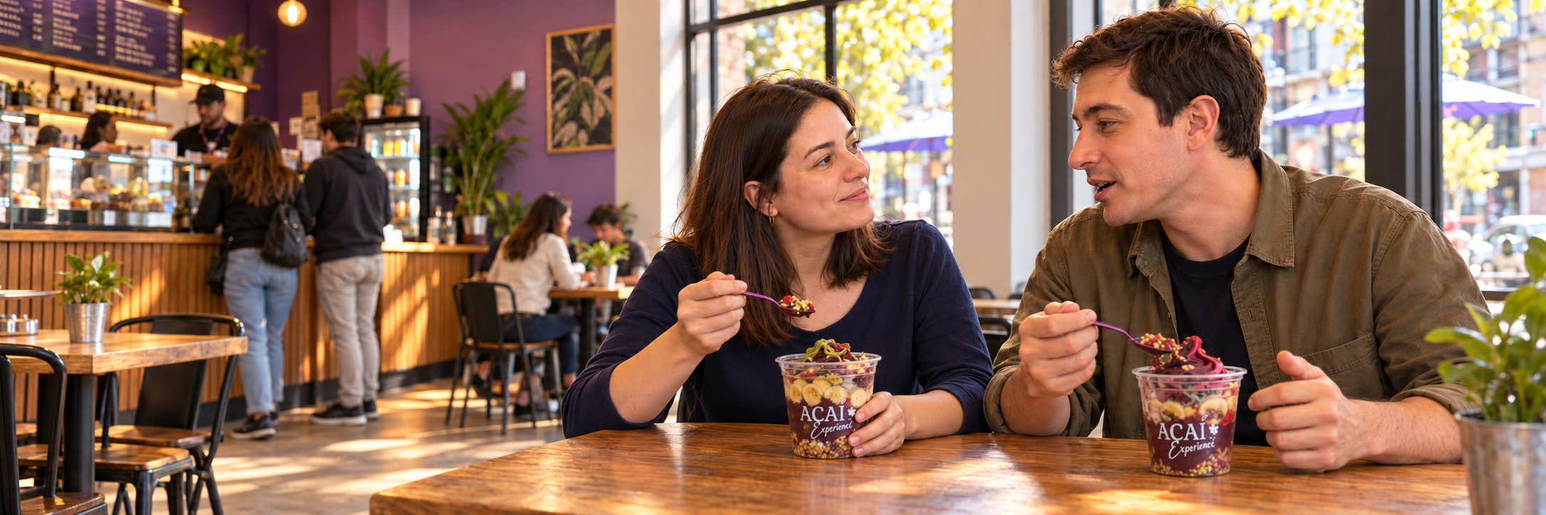 Personas compartiendo bowls de açaí en el local